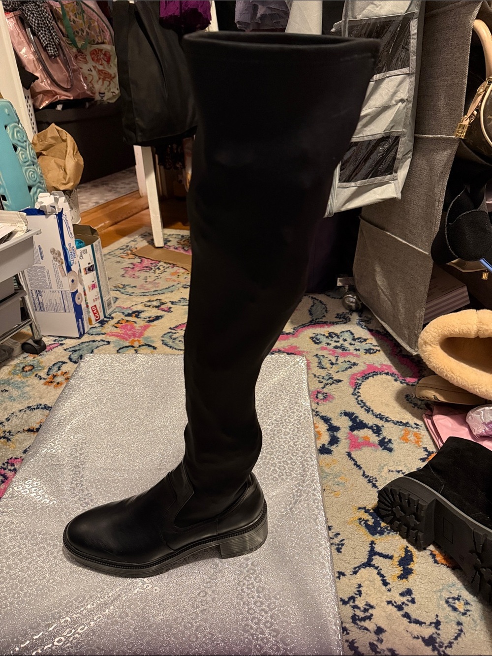 Zara Black Slip-On Block Heel Chelsea Boot over knee